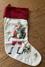 Pottery Barn Jolly Christmas Stocking Santa Tree Terrier Dog Presents Stars Red