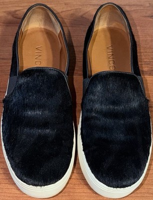 vince pony hair leather slip on black sneakers womens size 6.5 PREOWNED NO BOX
