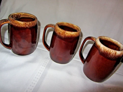 3 Vintage Hull Ovenproof USA Marked  Brown Drip Glaze Large Mug 5" Tall