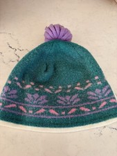 Vintage Wigwam Pompom Wool Knit Beanie Ski Hat Cap kids U.S.A. Purple Green