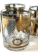 CERA World Map Atlas on Patterned Glass 22k Gold 4” Lowball Whiskey Set of 3