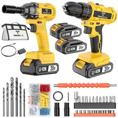 Electric wrench and drill combo set, including battery charger and accessories.