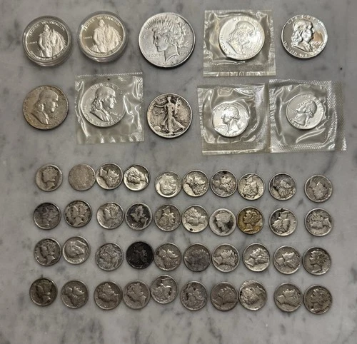 $10 Face Value 90% Silver Franklin, Peace, and 90% Silver Proof, Mercury Dime