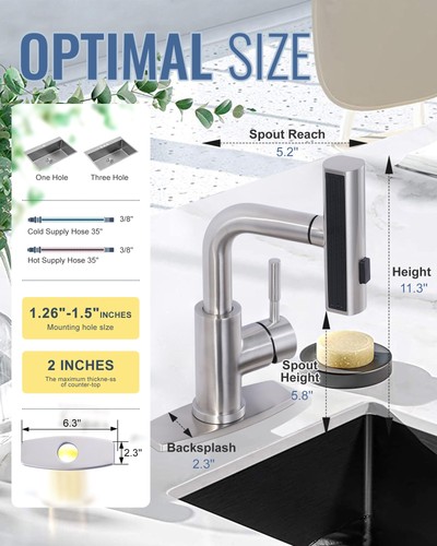 Bar Sink Faucet Single Hole, 3 Water Modes Wet Bar Faucets with Pull Out Spra... - Picture 2 of 8