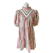 Ulla Johnson Pink Striped Cotton Lurex Tiered Mini Dress Sz 8 Boho High Neck