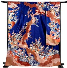 Japanese kimono SIL"FURISODE" Peonies,Coach, Gld thread/leaf,Blue,L5'6"..4813