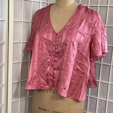 Vintage Victoria  s Secret Gold Label Pajama Top Sz S Pink Satin Crop Cottagecore