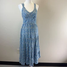 Women’s Blue Floral Long Tiered Maxi Dress Sleeveless Tie in Back Beach Sundress