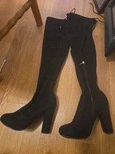 5.5  BLACK  OVER THE KNEE LONG SLEEK  faux suede ZIP UP LADIES BOOTS