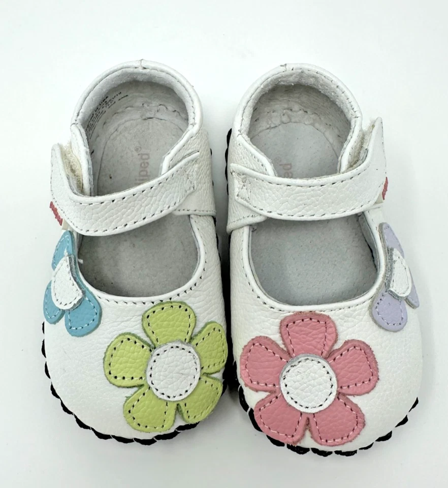 PediPed Infantil 6-12 meses Mary Janes Cuero Blanco Rosa Flores Foto 3 de 4