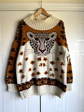 Vintage Hand Knitted Leopard Animal Pattern Sweater Jumper L