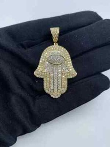 Authentic 2.20 Ct Round Cut Moissanite Hamsa Hand Pendant In 14K Yellow Gold Plated Silver
