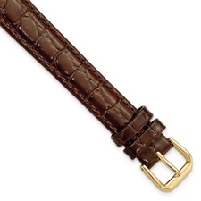 16mm 9.5" Brown Alligator-Style Grain Leather Gold-tone Buckle Watch Band
