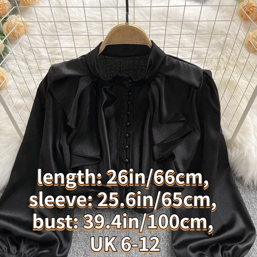 Women Ruffle Blouse Top Faux Silk Satin Puff Sleeve Retro Shirt Elegant New - Bild 11 von 21