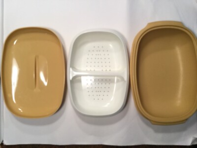 Vintage Tupperware 4-Piece Rice Vegetable Strainer Steamer Harvest Gold  #1275-4