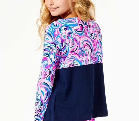 Lilly Pulitzer Girls Finn Top in Blue Raz Berry Flamingoals, Size 4/5 (S)
