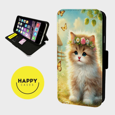 FLAUSCHIGE KATZE BLUMENGIRLANDE - Kunstleder Flip Handy Hülle Cover - iPhone/Samsung