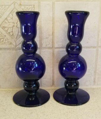 VINTAGE Bristol Blue Glass Candlesticks Thomas Webb England 7 1/4'' Second Mark
