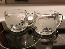 Nestle Coffee Mugs Cups Etched Glass Globe World Map Nescafe Set of 2 Vintage