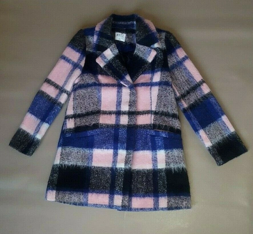 Abrigo para mujer ELLE Aubry púrpura y rosa a cuadros mezcla de lana talla: 2 Foto 2 de 4