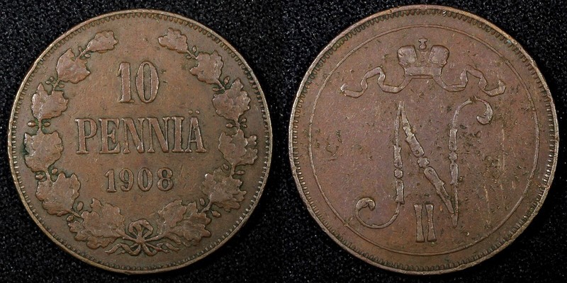 Finland Nicholas II Copper  1908 10 Penniä  Mintage-320,000 VF  KM# 14 (27 149)