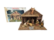 Vintage Sears Music Box Nativity Set 7 Piece with Wood Stable Made in Italy