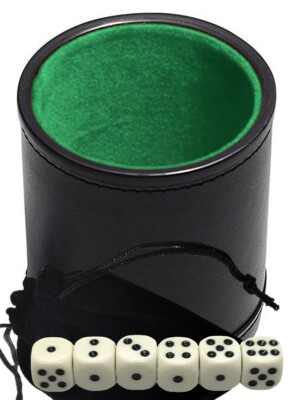(6) 15mm Light Ivory Tone Pip Dice with Pouch + PU Leather Green Felt Lined Cup