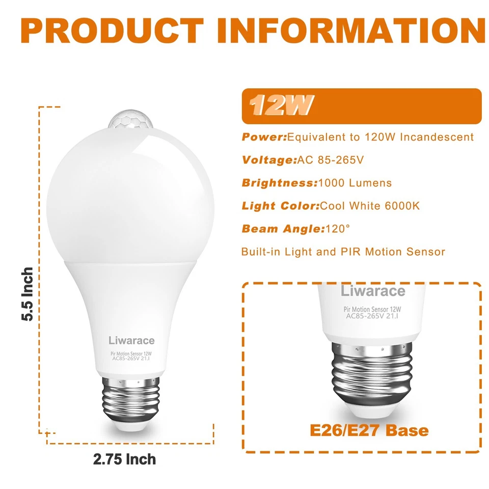3Pack Motion Sensor LED Light Bulb 12W (120W Eq.) E27 E26 Bulbs Automatic On/Off - Image 3 of 4