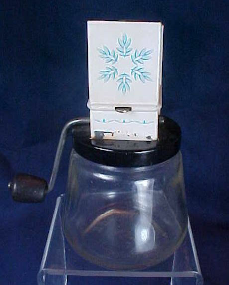 Vintage Cheese Nut Herb Grinder Blue Snowflake Tin Glass Jar Androck Retro