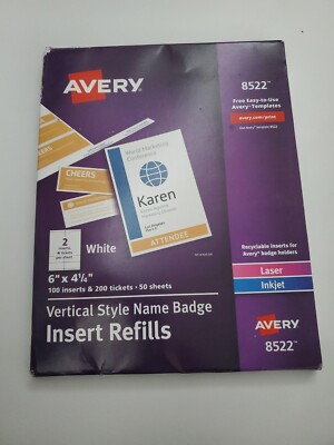Avery 8522 Insert Refills Vertical Name Badges 4 1/4''x6'' 100 inserts 200 tickets