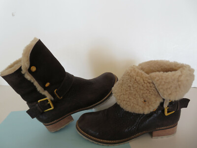 $389 ~ Matt Bernson Wo's 7M Browb Suede/Leather Short Boots Shearling Snaps NICE