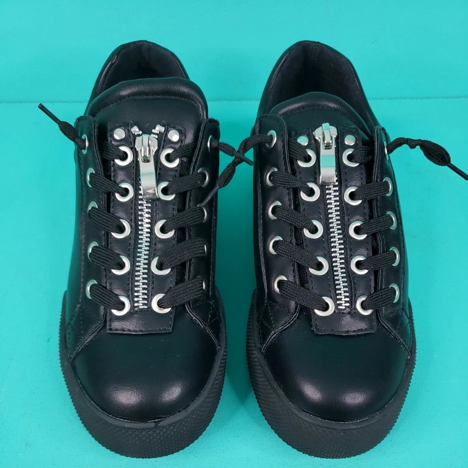 Lucky Brand 女士 Goth Skater 风格花边拉链鞋 8.6 码黑色皮革 — 第 2/4 张图片