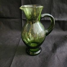 Green Art Glass Pitcher Vase With A Handle Decorative 