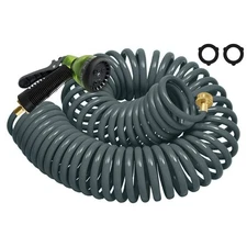 25FT Coil Garden Hose with 3/4" Brass Connector and Spray Nozzle
