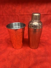 SET OF MACY'S 2 COPPER STAINLESS STEEL BAR DRINK SHAKER & GLASS THRISTY STONE