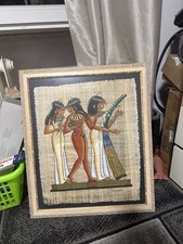 &Auml;gyptische Kunst auf Papyrus gerahmt 3 Musikerinnen Harfe Wandbild Vintage