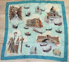 Vintage Venice Italy Silk Scarf Blue Rolled Edges Gondolas Landmarks 30" Rialto