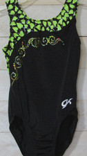 GK Elite Leotard HEARTS Black Green Sequins Gymnastics CM Childs Girls M