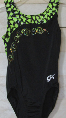GK Elite Leotard Black Green Sequins Gymnastics CM Childs Girls M