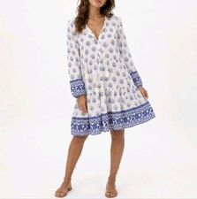 Bell By Alicia Bell Dress White Blue Silk Blend Long Sleeve Tassels Mini Size L