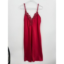 Expressions California Dynasty Nightgown Women Medium Red Satin Lace Beaded Slip
