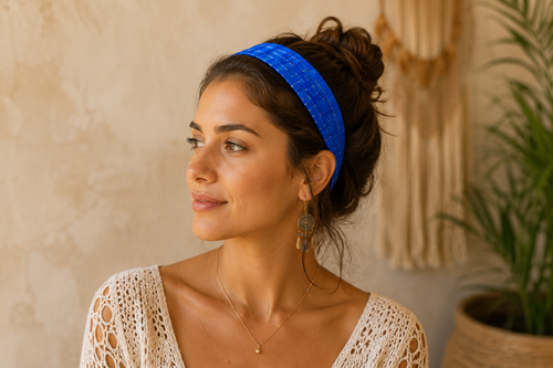 Bandeau élastique tissé bleu guatémaltèque fait main 100% coton artisan boho #VV - Photo 16/24