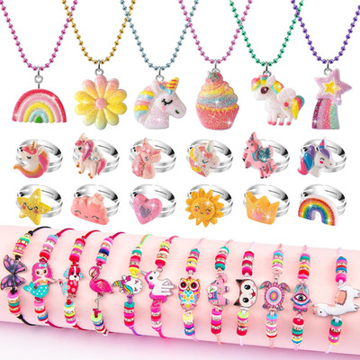 Kids Play Jewelry for Girls 4-6, Unicorn Necklace and Bracelet Set Ring for Litt