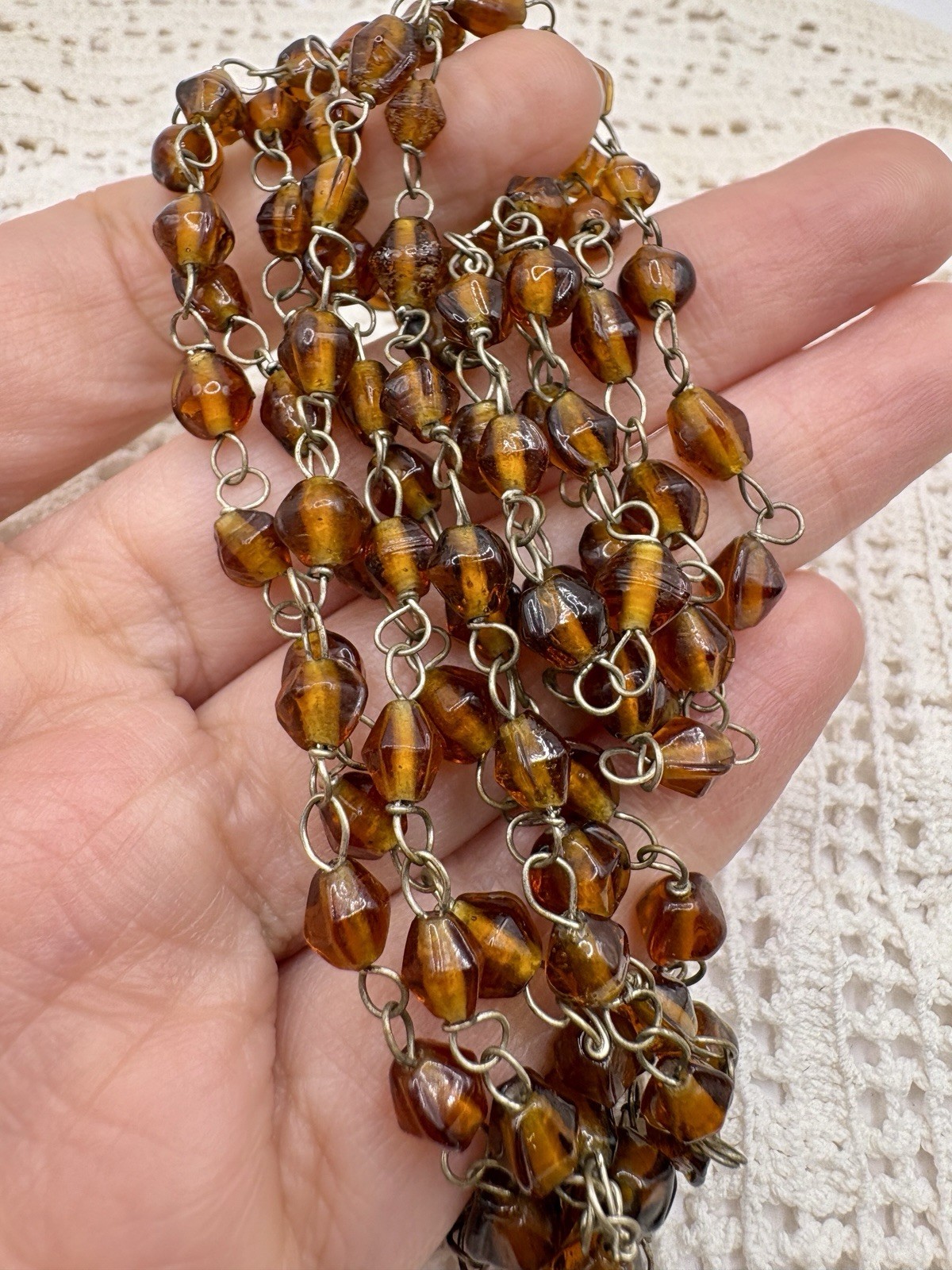 Vintage Czech Amber Lampwork Glass Bead Chain Flapper Necklace 46 Inch