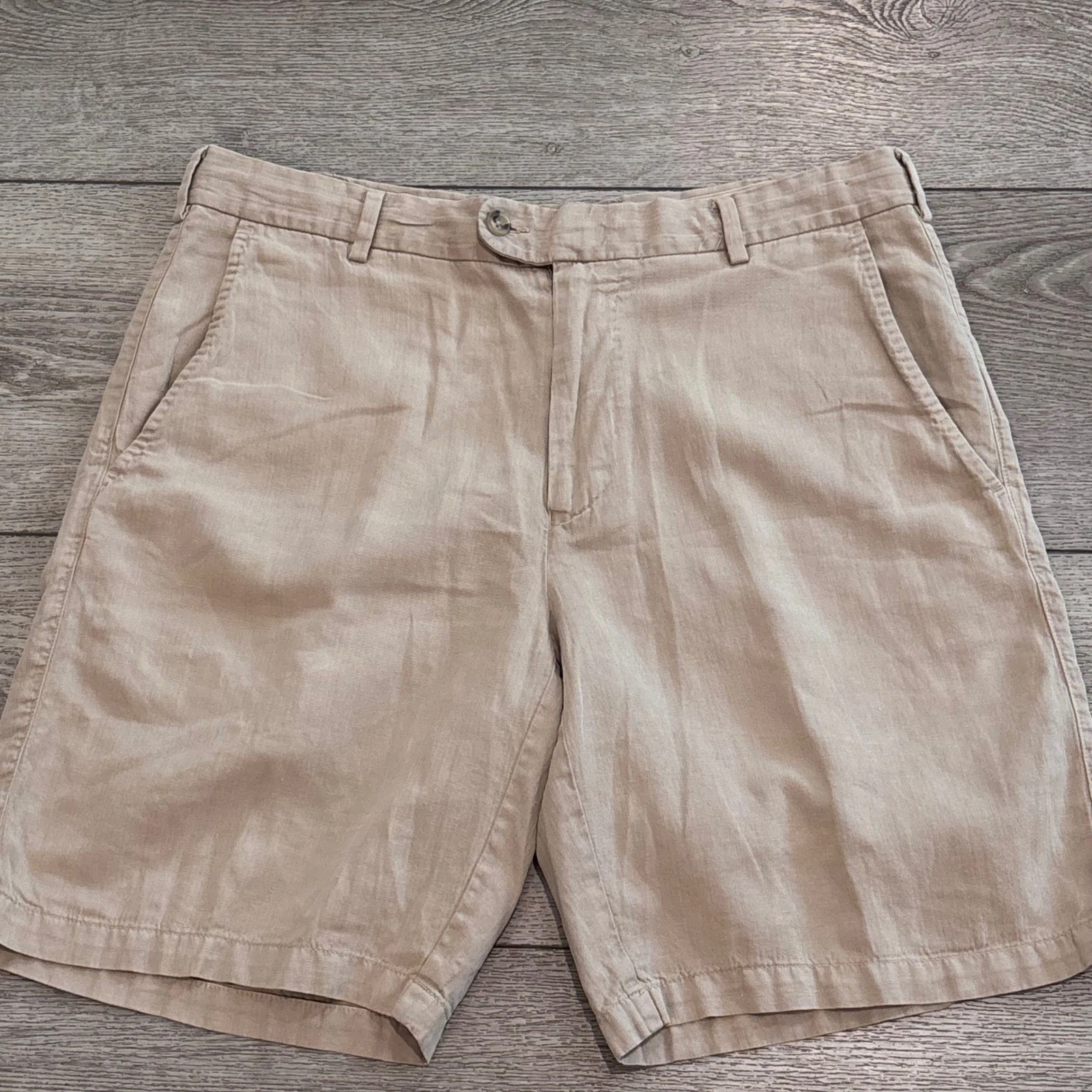 Peter Millar Shorts Mens 33 Tan Linen Silk Cotton Blend Flat Front Casual Golf