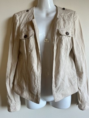 White House Black Market Beige Linen Utility Style Jean Jacket Size 6 NWOT