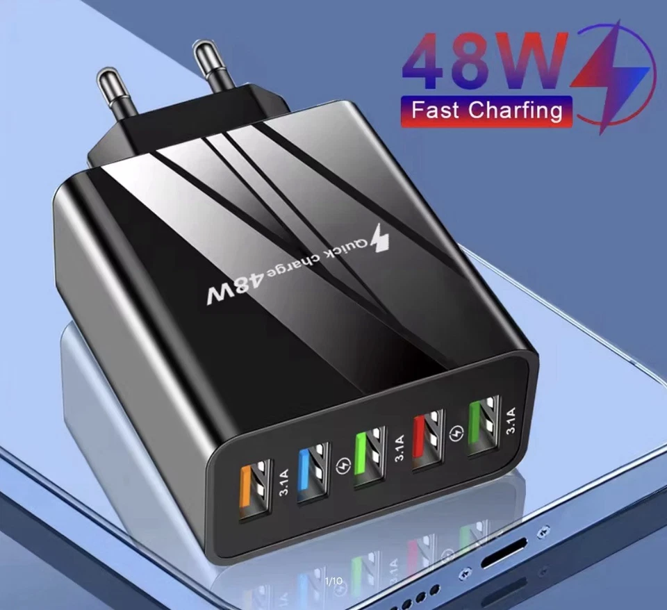 Caricatore USB Multiplo 48W Caricabatteria USB Universale Presa Multipla USB C - Immagine 3 di 4