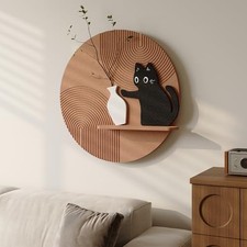 3D Textured Round Cat Wall Art with Shelf, Modern 24"L x 24"W Brown Wall Decor