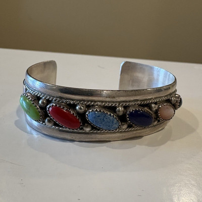 JS Sterling Silver Cuff Bracelet Oval Multicolor Stones