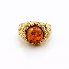 Anello argento 925 dorato con margherite e ambra naturale misura regolabile